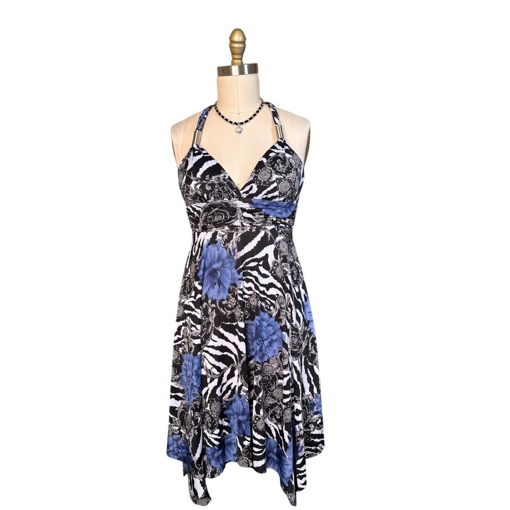 Floral Zebra Print Paradise Halter Handkerchief Dress S/M Silver Hardware